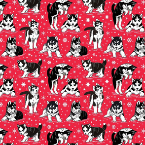 Husky puppies and snowflakes on red 8x8