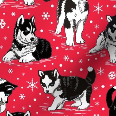 Husky puppies and snowflakes on red 10x10