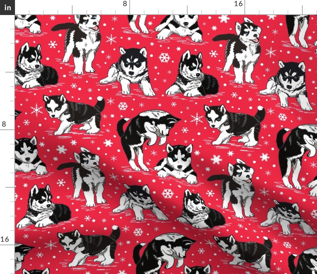 Husky puppies and snowflakes on red 10x10