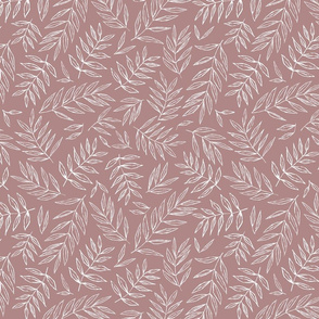 Scattered Leaves - White on Dusty Pink Medium Scale