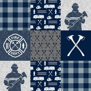 firefighter patchwork - buffalo plaid navy and dusty blue  - fire dept. - LAD19