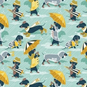 Tiny scale // Ready For a Rainy Walk // aqua background navy blue dachshunds dogs with yellow and transparent rain coats and umbrellas 