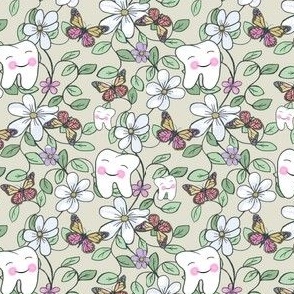 Tooth Toile Flutter Cream Pastel white flowers / Dental Small