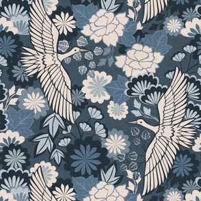 Cranes and Chrysanthemums {Indigo} - medium