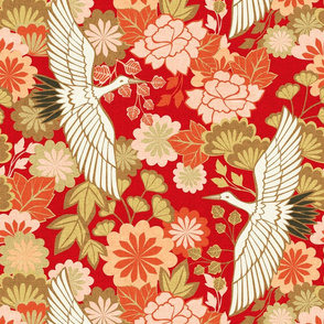 Cranes and Chrysanthemums {Red} medium