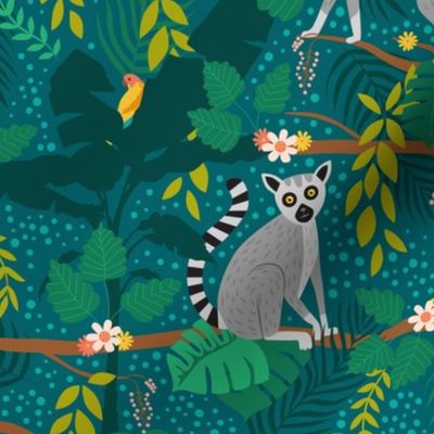 Lemurs in a Teal Jungle