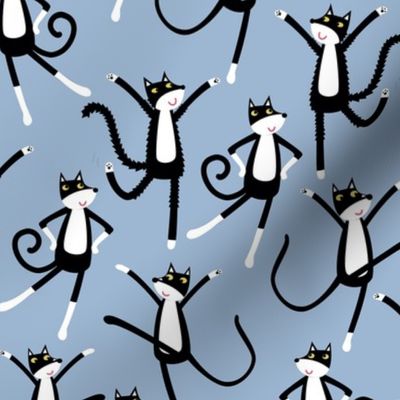 Dancing Black and White Tuxedo Cats Blue Small Scale