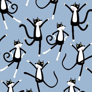 Dancing Black and White Tuxedo Cats Blue Small Scale