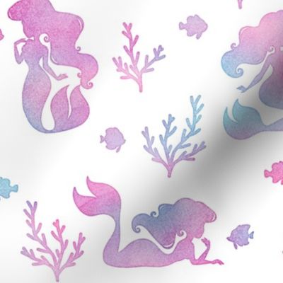 Magical Mermaid Pattern with Fish & Coral in Watercolor