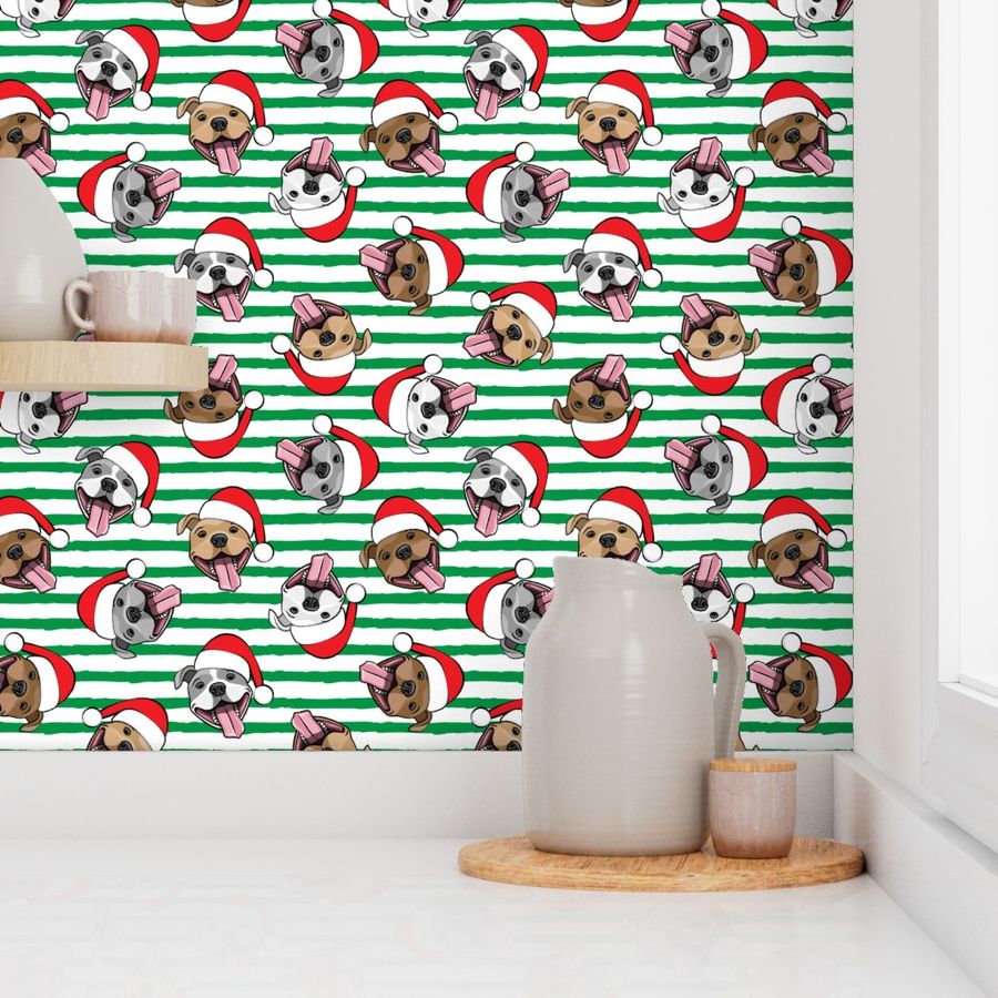 Christmas Pit bulls - Santa hats - pitties - green stripes toss - Christmas dogs - LAD19