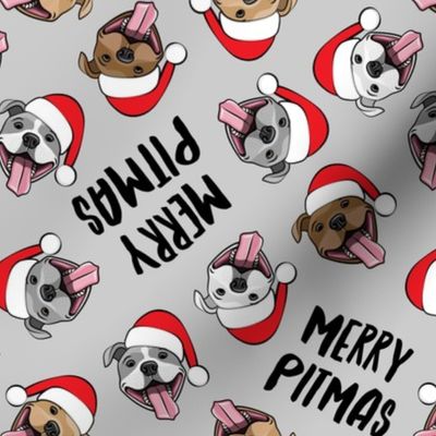 Merry Pitmas - pit bull Santa hats - pitties - grey toss - Christmas dogs - LAD19