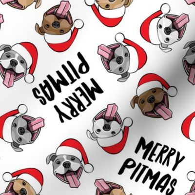 Merry Pitmas - pit bull Santa hats - pitties - white toss - Christmas dogs - LAD19