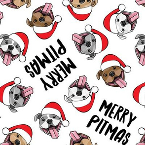 Merry Pitmas - pit bull Santa hats - pitties - white toss - Christmas dogs - LAD19