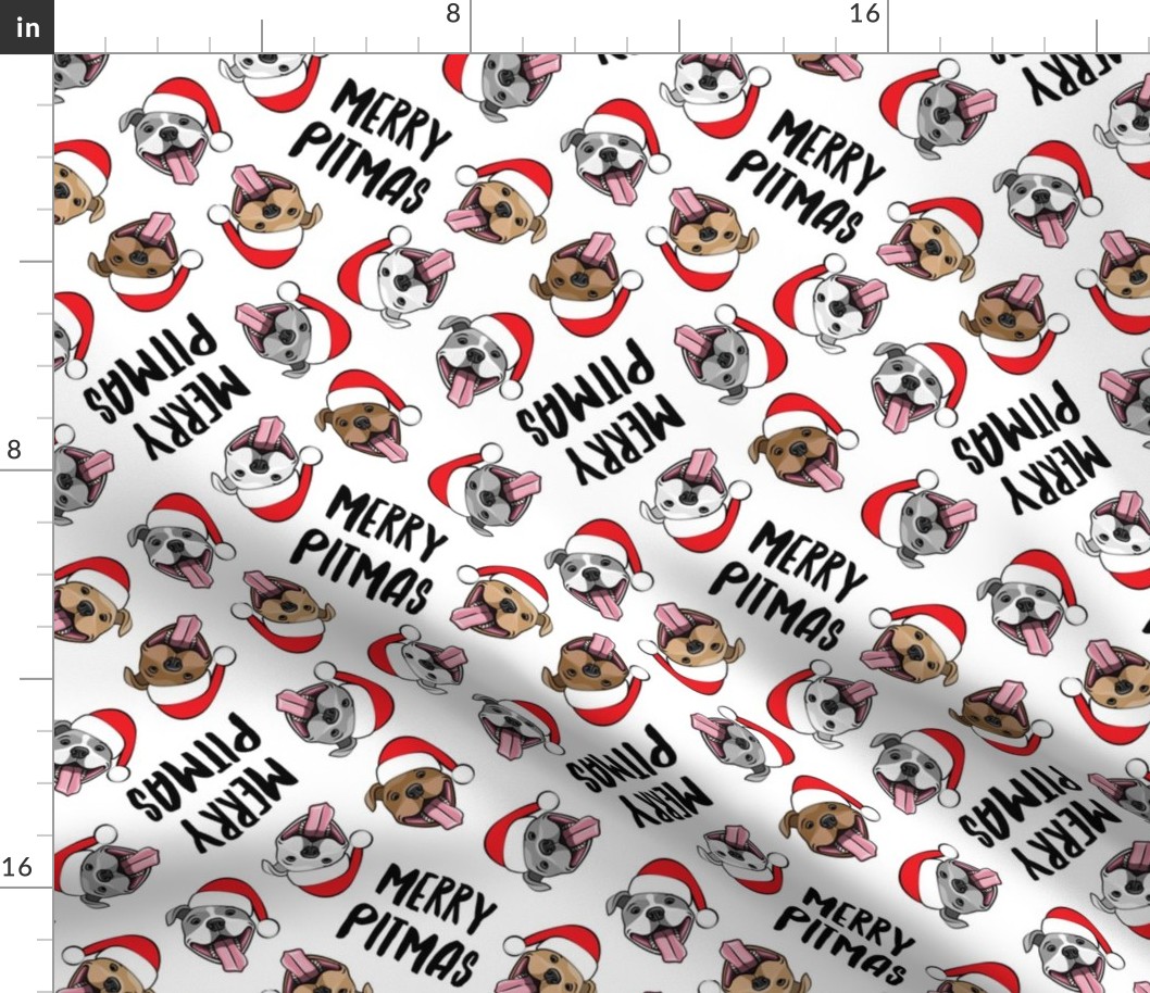 Merry Pitmas - pit bull Santa hats - pitties - white toss - Christmas dogs - LAD19