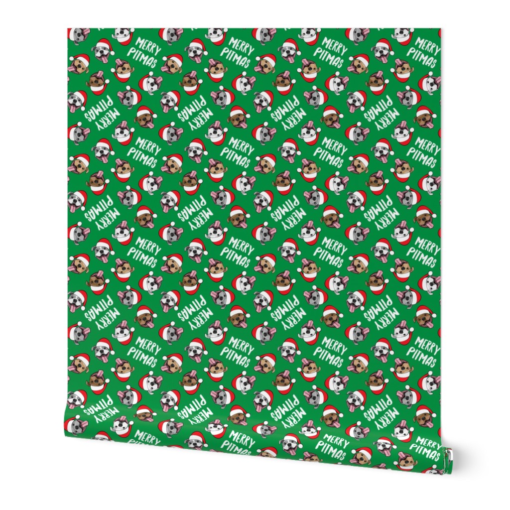 Merry Pitmas - pit bull Santa hats - pitties - green toss - Christmas dogs - LAD19