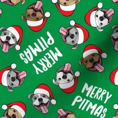 Merry Pitmas - pit bull Santa hats - pitties - green toss - Christmas dogs - LAD19