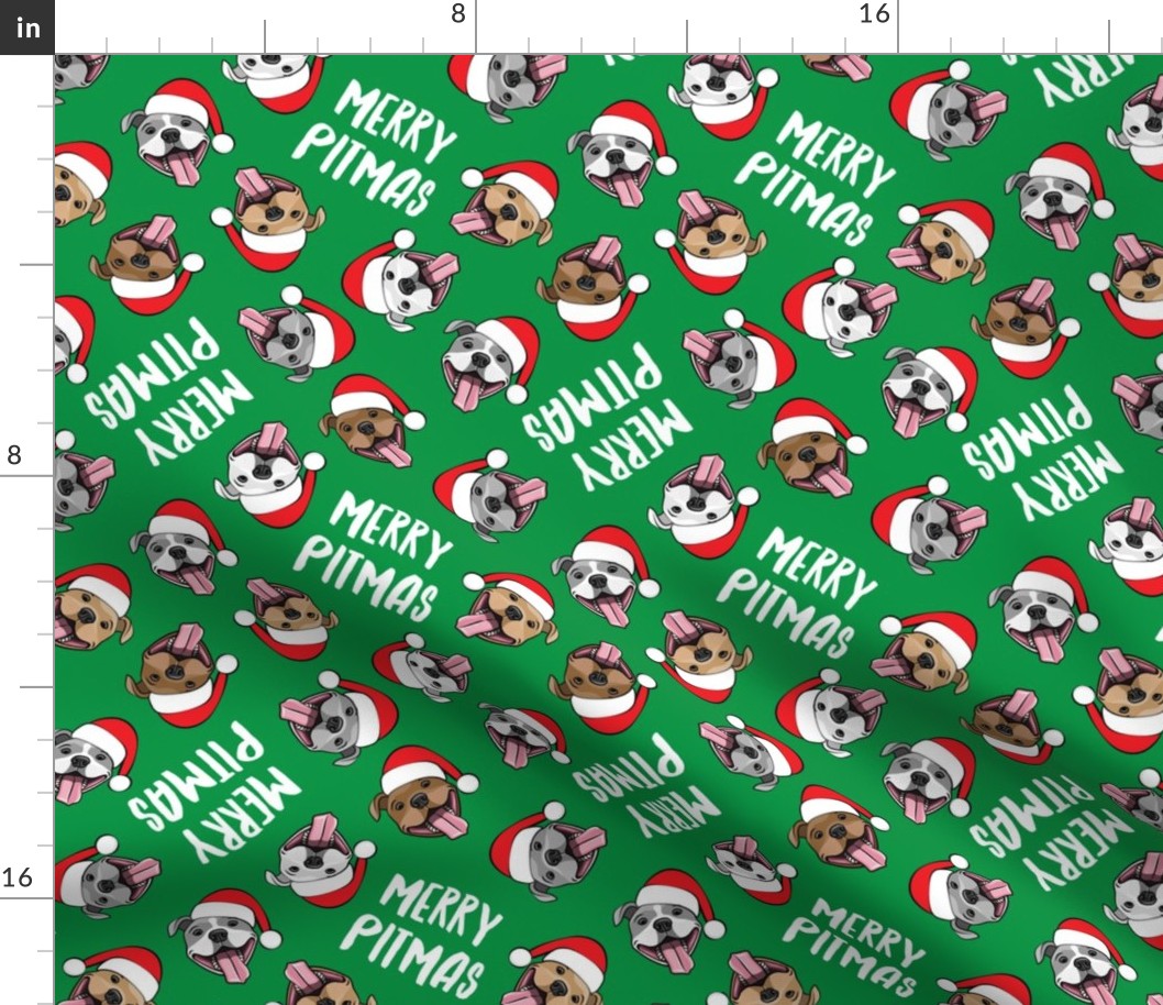 Merry Pitmas - pit bull Santa hats - pitties - green toss - Christmas dogs - LAD19