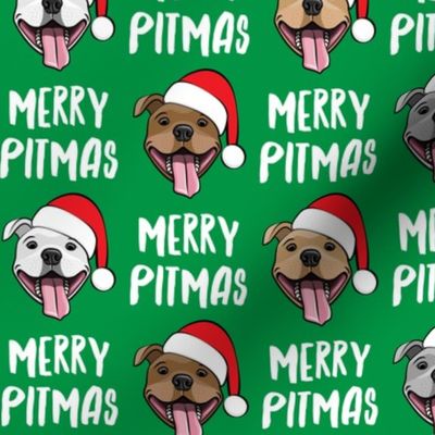 Merry Pitmas - pit bull Santa hats - pitties - green - Christmas dogs - LAD19