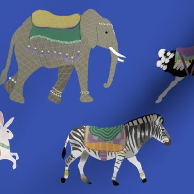 Herd of Carousel Animals on Blue Background