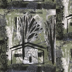 House with Bare Trees in Olive Green