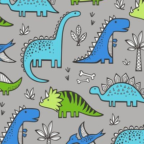 Dinosaurs Green & Blue on Grey