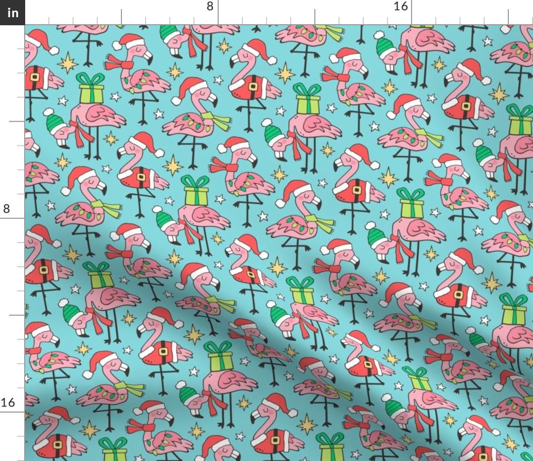 Christmas Holidays Flamingos on Blue