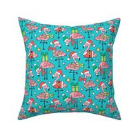 Christmas Holidays Flamingos on Aqua Blue