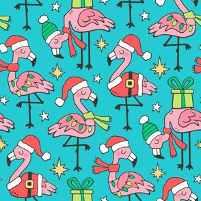 Christmas Holidays Flamingos on Aqua Blue