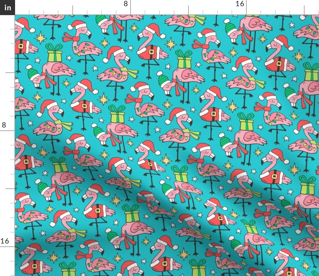 Christmas Holidays Flamingos on Aqua Blue