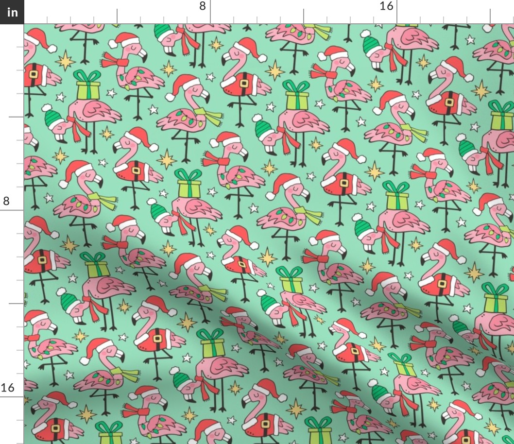 Christmas Holidays Flamingos on Light Green
