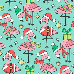 Christmas Holidays Flamingos on Mint Green