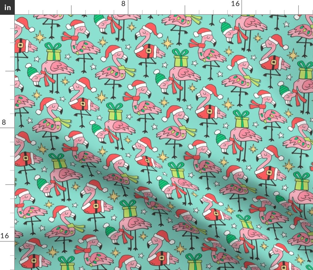 Christmas Holidays Flamingos on Mint Green