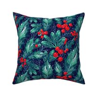 Holly Christmas | Navy | Blue-Green Leaves | w/Snow