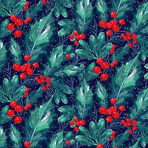 Holly Christmas | Navy | Blue-Green Leaves | w/Snow