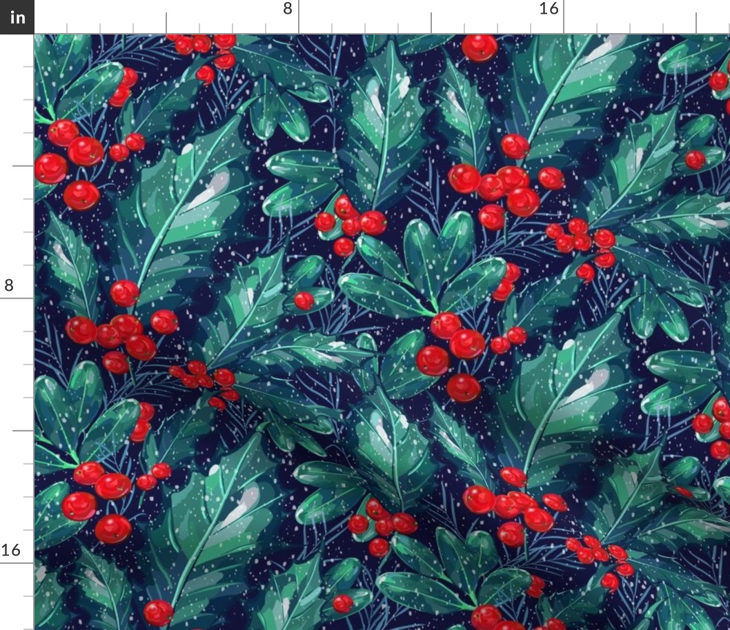 Holly Christmas | Navy | Blue-Green Leaves | w/Snow
