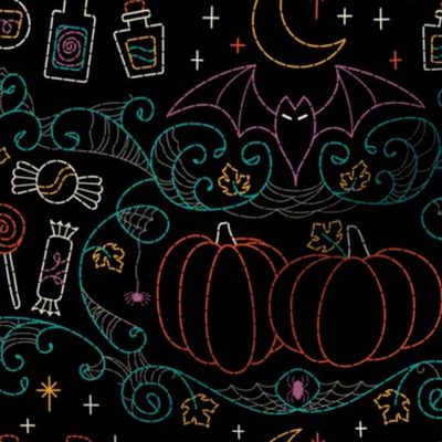 Folk Halloween Embroidery Witchy Webs- Black// halloween dress witch hat bats candy pumpkins spider web embroidered look fabric wrapping paper