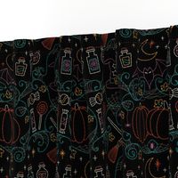 Folk Halloween Embroidery Witchy Webs- Black// halloween dress witch hat bats candy pumpkins spider web embroidered look fabric wrapping paper