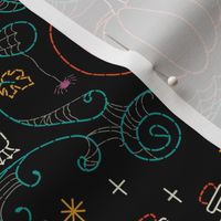 Folk Halloween Embroidery Witchy Webs- Black// halloween dress witch hat bats candy pumpkins spider web embroidered look fabric wrapping paper