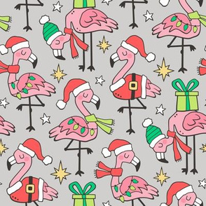 Christmas Holidays Flamingos on Light Grey