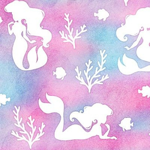 Magical Mermaid Pattern with Fish & Coral on Watercolor