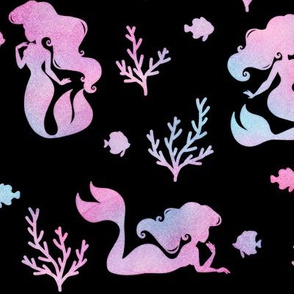 Magical Mermaid Pattern with Fish & Coral in Watercolor on Black