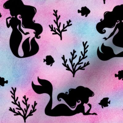 Large Magical Mermaid Pattern with Fish & Coral Black on Watercolor