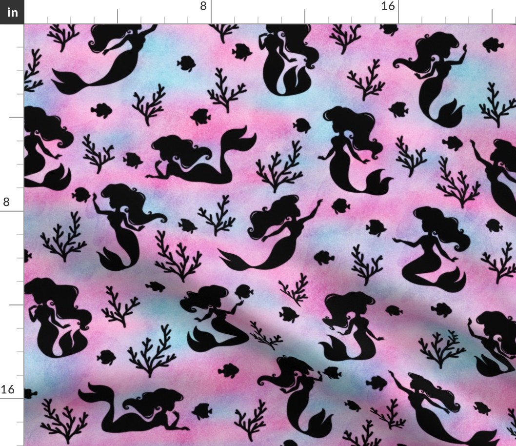 Large Magical Mermaid Pattern with Fish & Coral Black on Watercolor