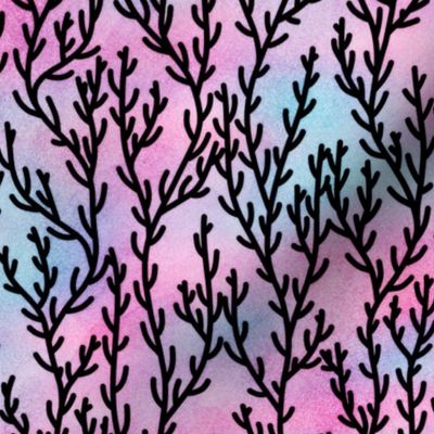 Magical Coral Pattern in Black on Mermaid Colored Watercolor