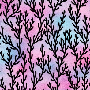 Magical Coral Pattern in Black on Mermaid Colored Watercolor