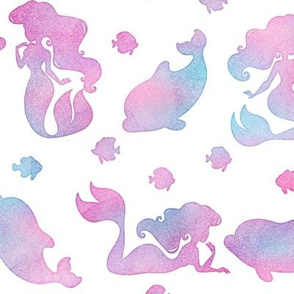 Magical Mermaid Pattern with Dolphins & Fish in Watercolor on White