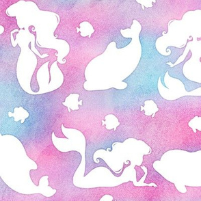 Magical Mermaid Pattern with Dolphins & Fish in White on Watercolor