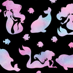 Magical Mermaid Pattern with Dolphins & Fish in Watercolor on Black