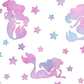 Magical Mermaid Pattern with Starfish in Watercolor on White