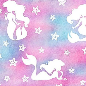 Magical Mermaid Pattern with Starfish in White on Watercolor